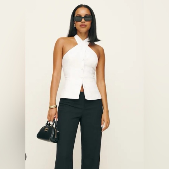 New Reformation Tate Linen White Button-Up Halter Top size 4 - Picture 4 of 13